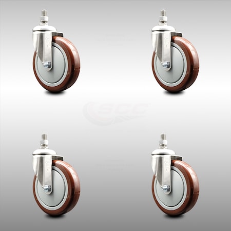 Service Caster 5 Inch 316SS Maroon Polyurethane Wheel Swivel 10mm Threaded Stem Caster Set SCC-SS316TS20S514-PPUB-MRN-M1015-4